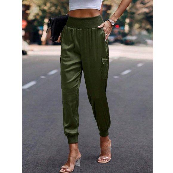 . Pants - Luxe Look Satin Pocketed High Waist Joggers - Army Green